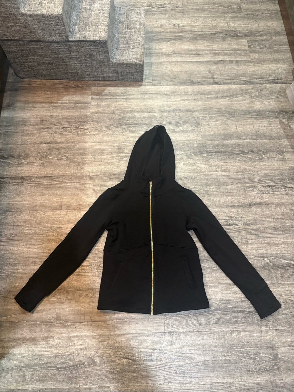 Women's Black Hooded Zip-Up Sweatshirt with Gold Zipper